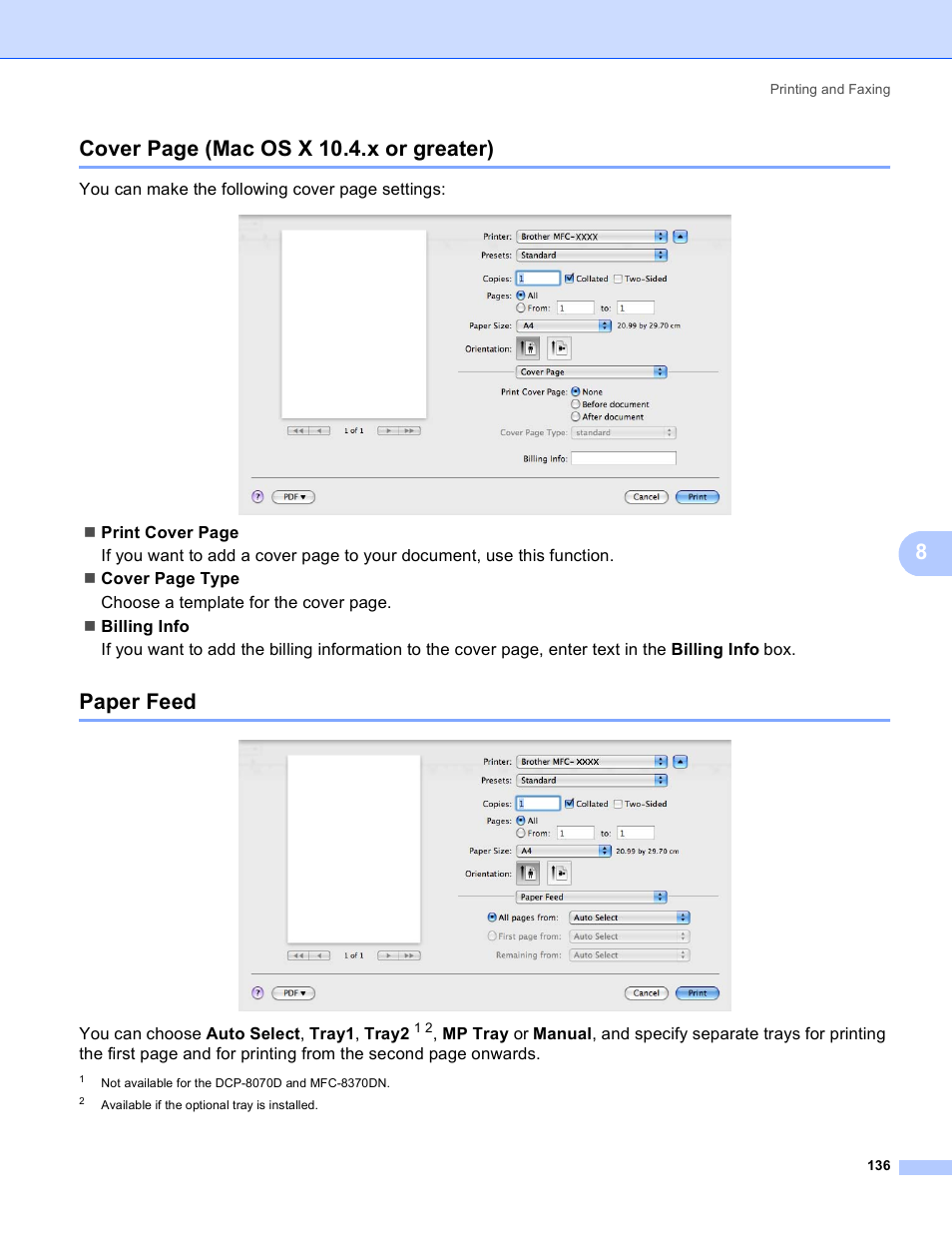 Paper feed, 8cover page (mac os x 10.4.x or greater) | Brother MFC 8480DN User Manual | Page 144 / 228