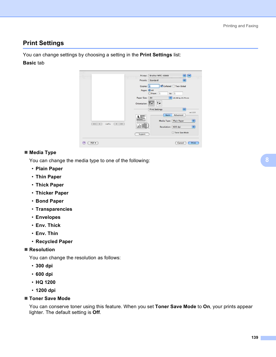 Print settings, 8print settings | Brother MFC 8480DN User Manual | Page 147 / 228