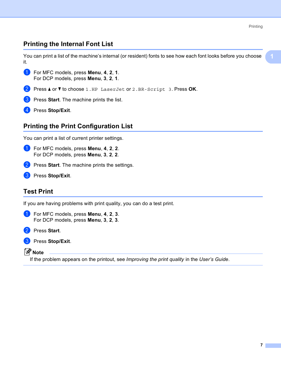 Printing the internal font list, Printing the print configuration list, Test print | 1printing the internal font list | Brother MFC 8480DN User Manual | Page 15 / 228