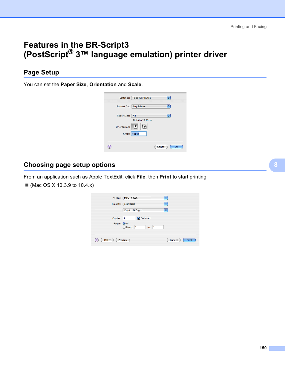 Features in the br-script3 (postscript, 3™ language emulation) printer driver, Page setup | Choosing page setup options | Brother MFC 8480DN User Manual | Page 158 / 228