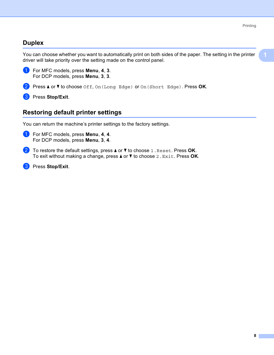 Duplex, Restoring default printer settings, Duplex restoring default printer settings | 1duplex | Brother MFC 8480DN User Manual | Page 16 / 228