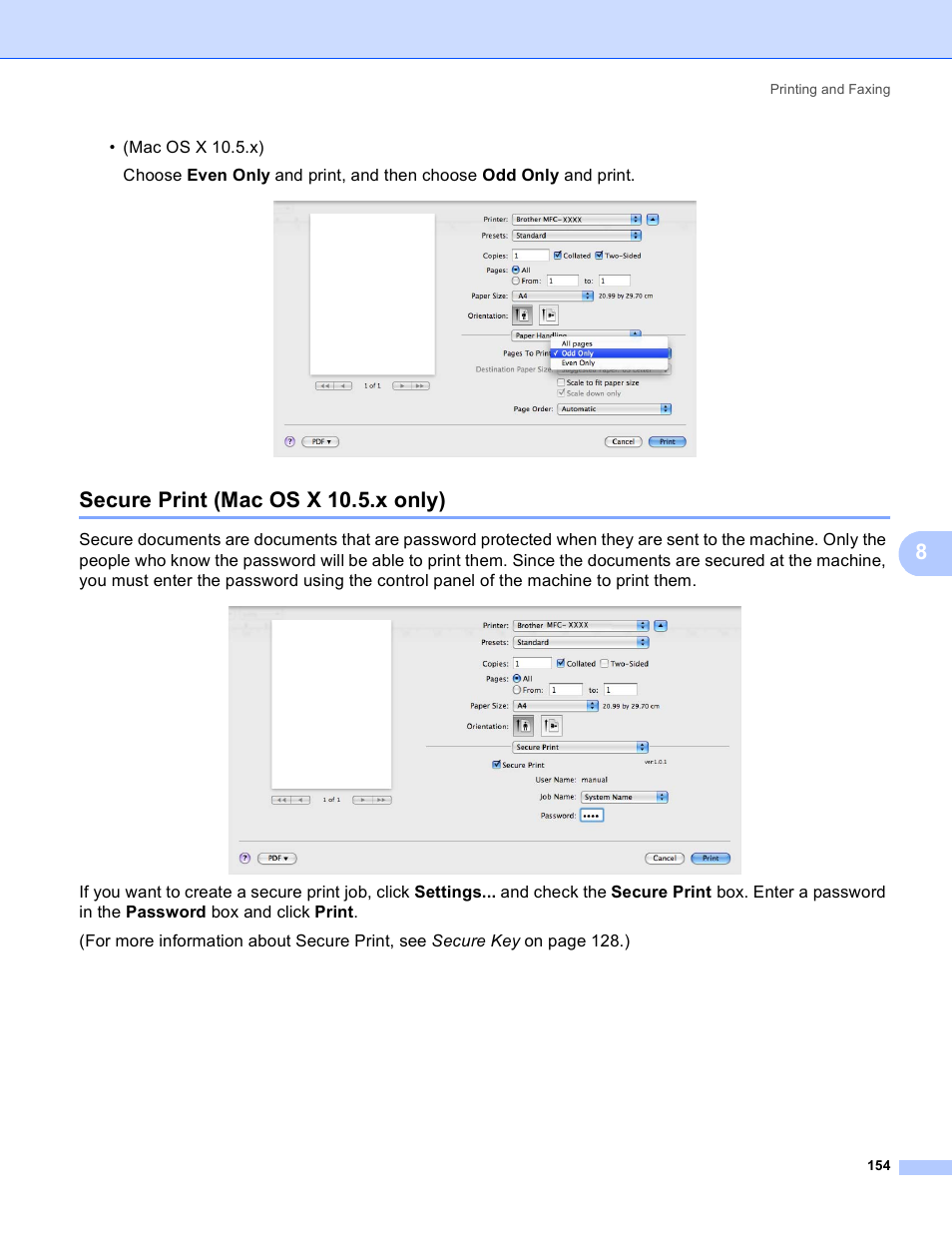 Secure print (mac os x 10.5.x only) | Brother MFC 8480DN User Manual | Page 162 / 228