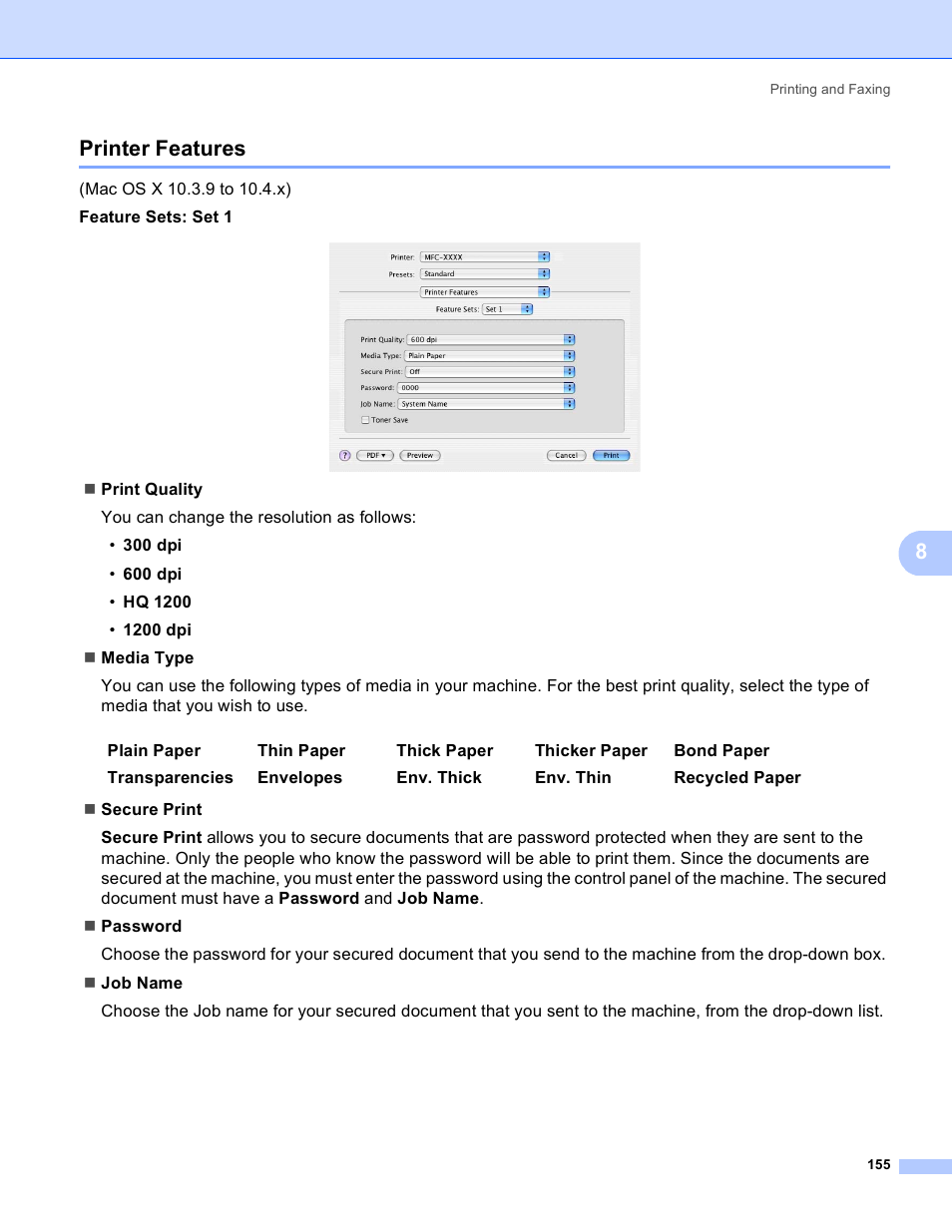 Printer features, 8printer features | Brother MFC 8480DN User Manual | Page 163 / 228