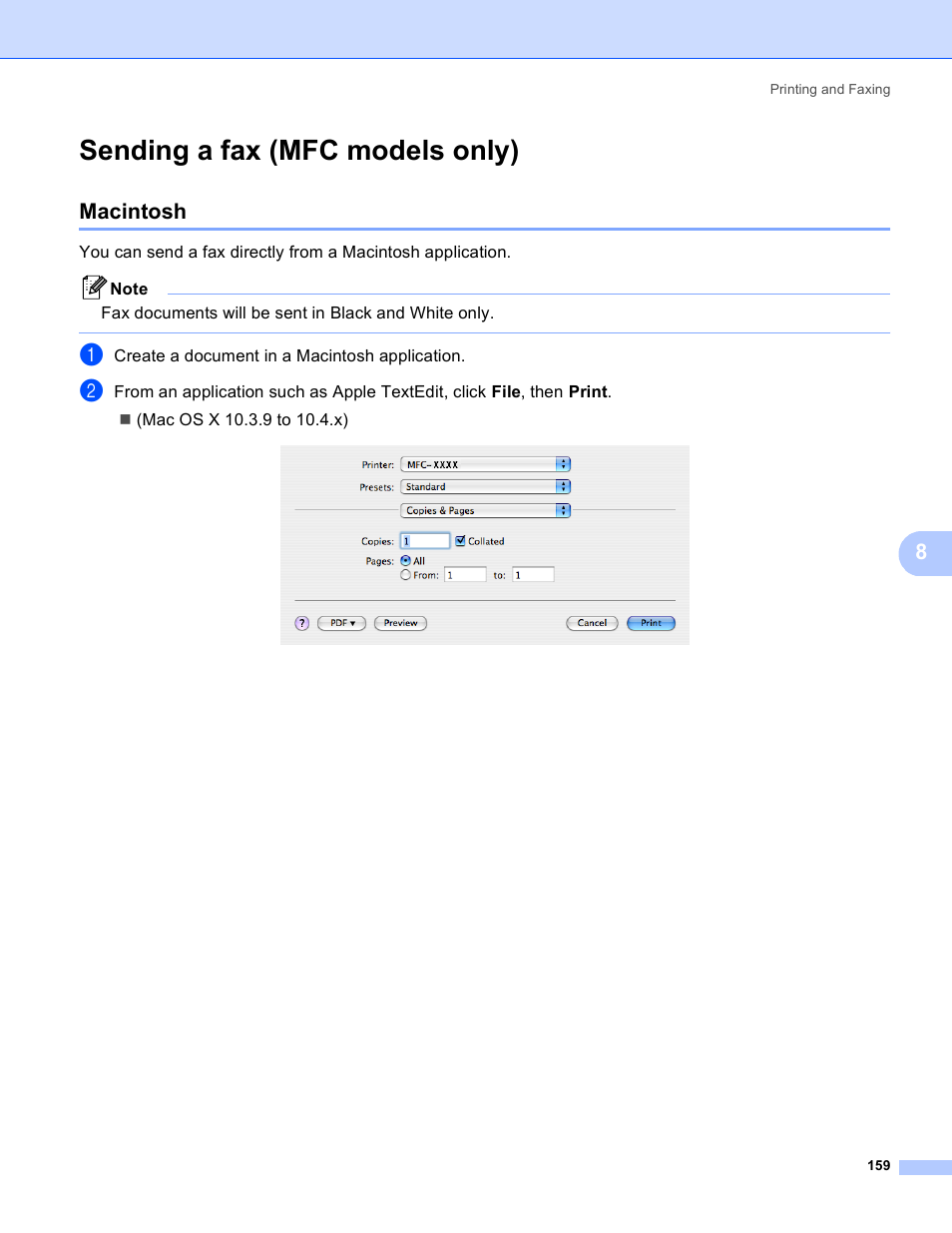 Sending a fax (mfc models only), Macintosh | Brother MFC 8480DN User Manual | Page 167 / 228