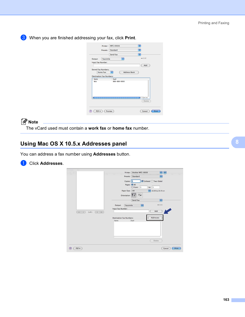 Using mac os x 10.5.x addresses panel | Brother MFC 8480DN User Manual | Page 171 / 228