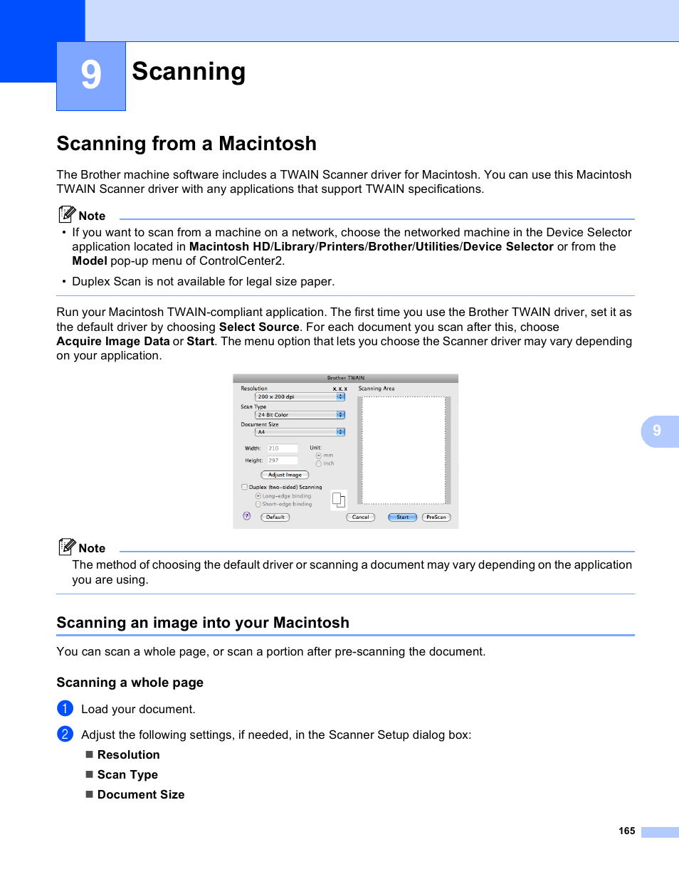 9 scanning, Scanning from a macintosh, Scanning an image into your macintosh | Scanning | Brother MFC 8480DN User Manual | Page 173 / 228