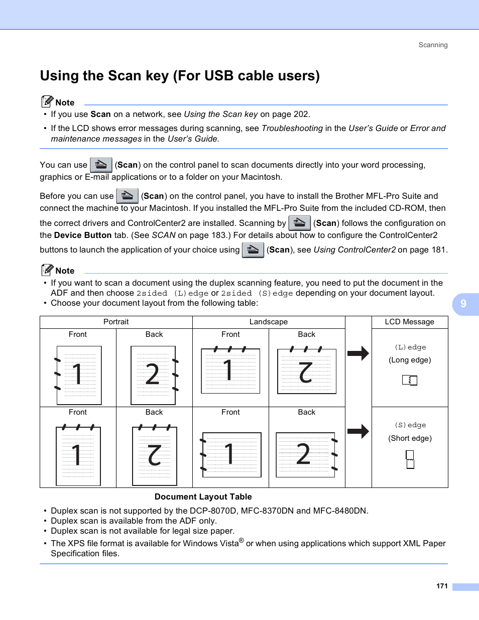 Using the scan key (for usb cable users) | Brother MFC 8480DN User Manual | Page 179 / 228