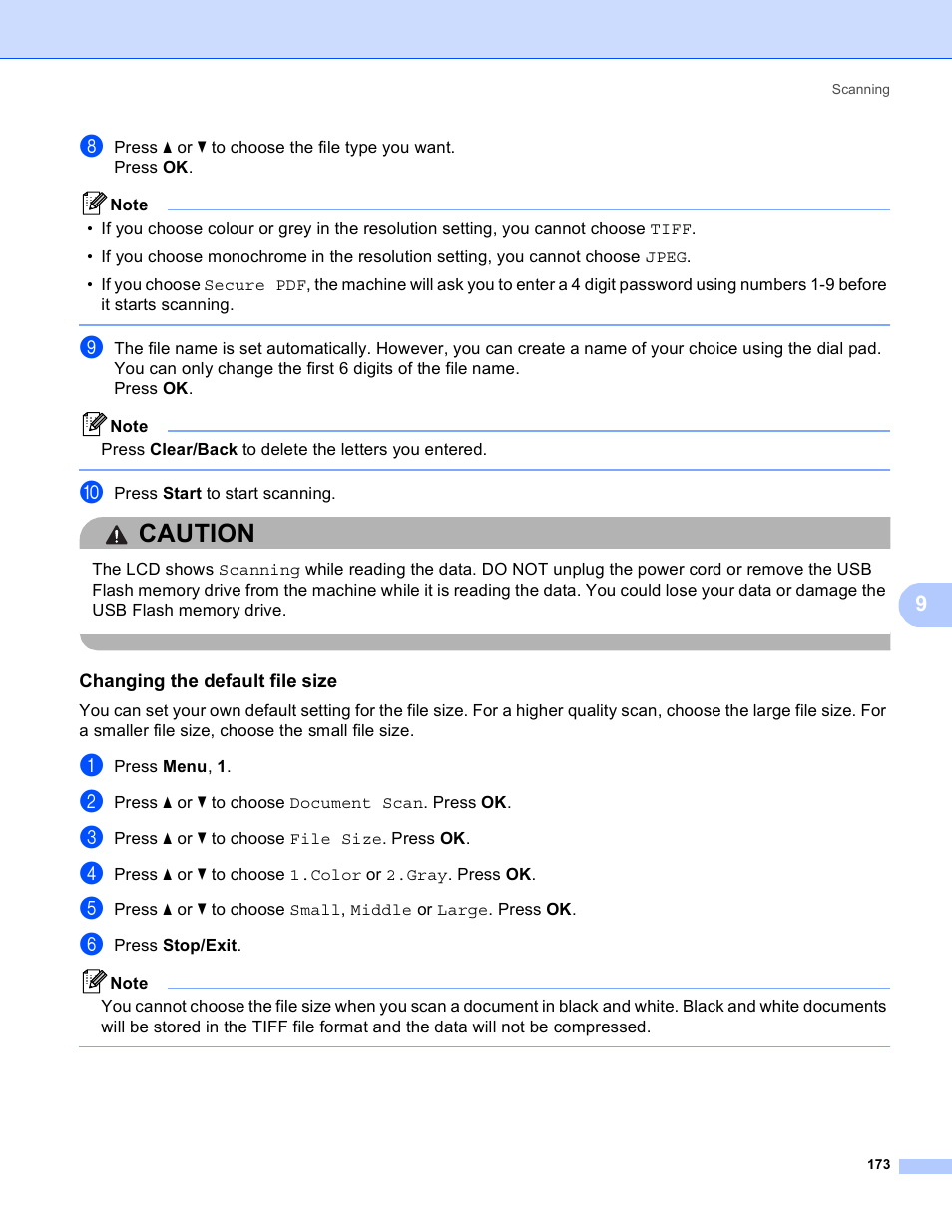 Changing the default file size, Caution | Brother MFC 8480DN User Manual | Page 181 / 228