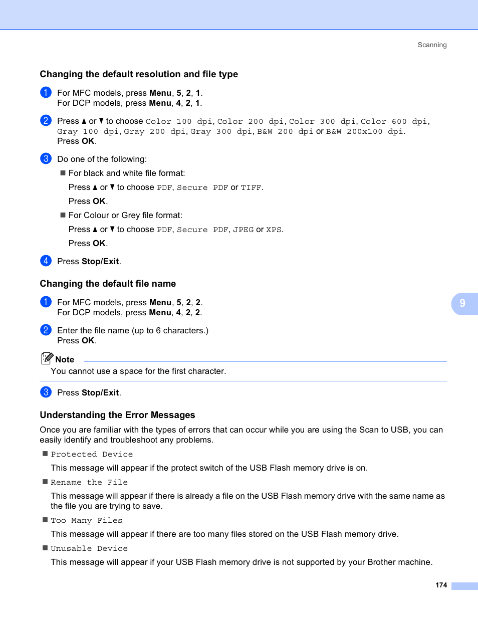 Changing the default resolution and file type, Changing the default file name, Understanding the error messages | Brother MFC 8480DN User Manual | Page 182 / 228