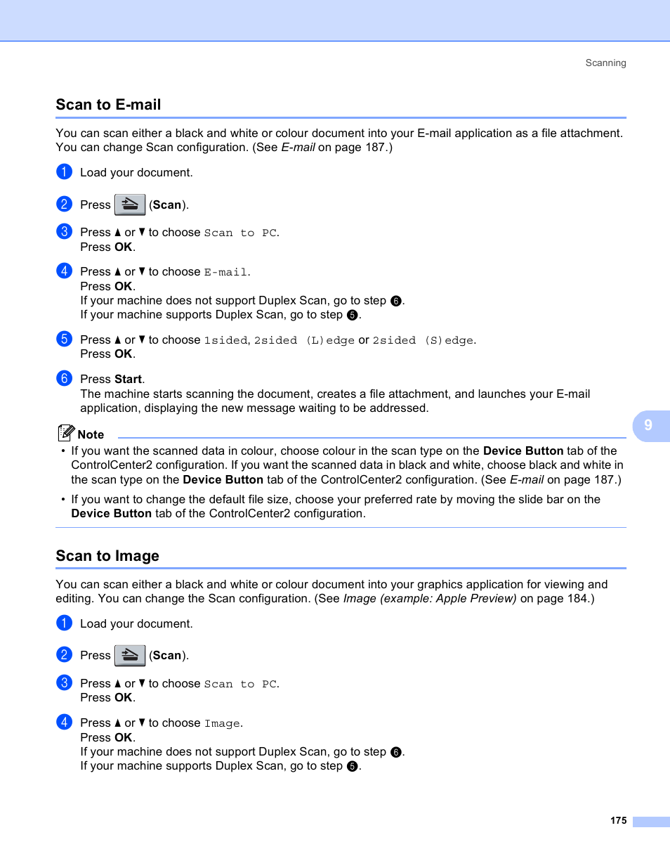 Scan to e-mail, Scan to image, Scan to e-mail scan to image | 9scan to e-mail | Brother MFC 8480DN User Manual | Page 183 / 228