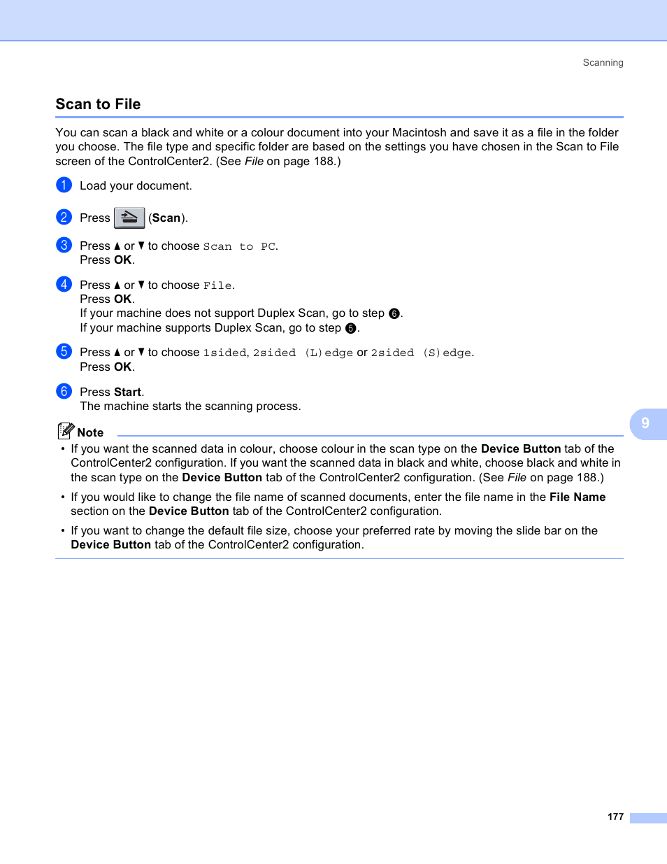 Scan to file, 9scan to file | Brother MFC 8480DN User Manual | Page 185 / 228