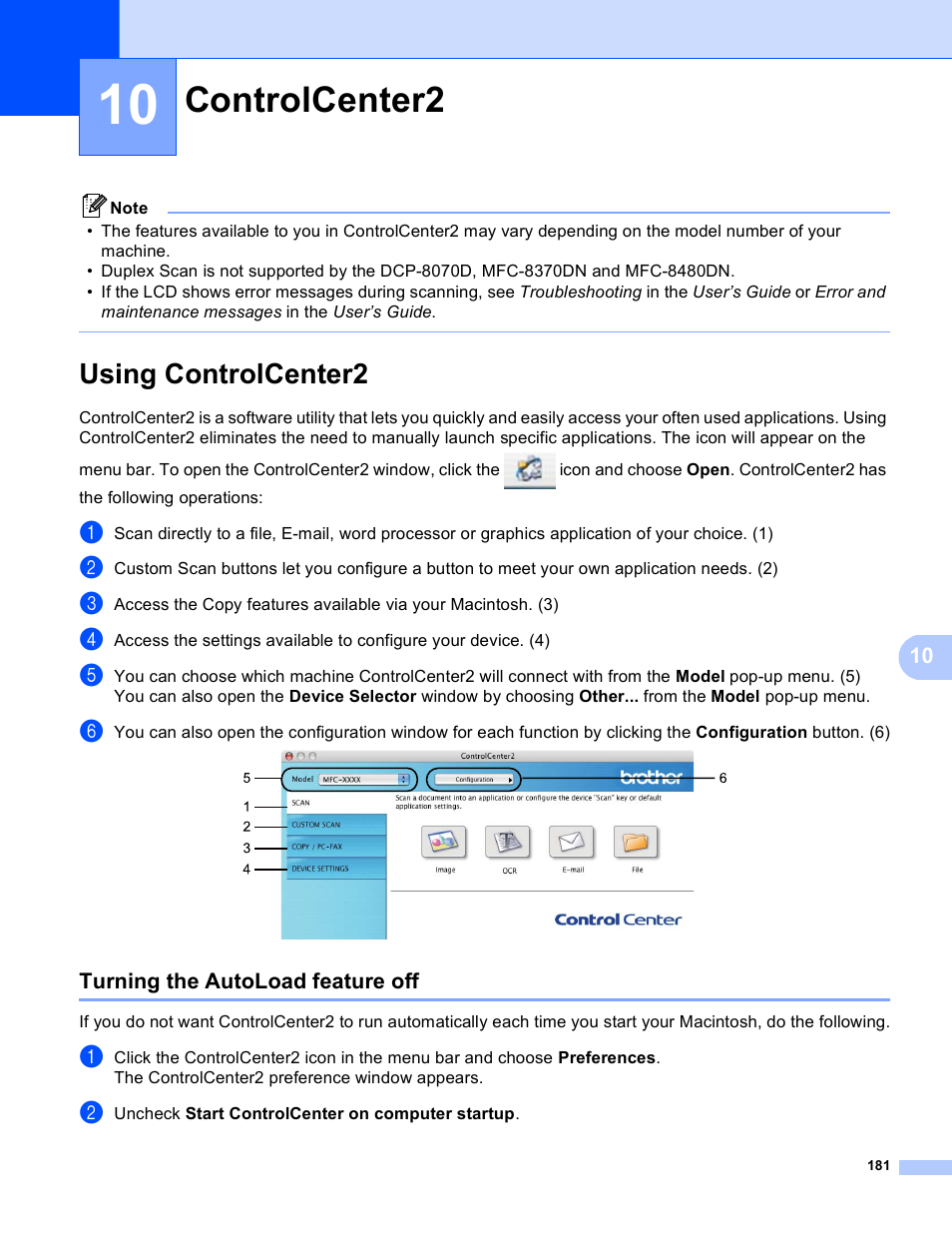 10 controlcenter2, Using controlcenter2, Turning the autoload feature off | Controlcenter2 | Brother MFC 8480DN User Manual | Page 189 / 228