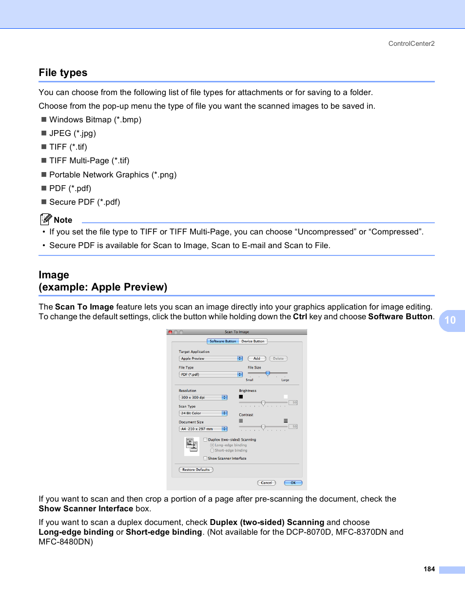 File types, Image (example: apple preview), File types image | Example: apple preview), 10 file types | Brother MFC 8480DN User Manual | Page 192 / 228