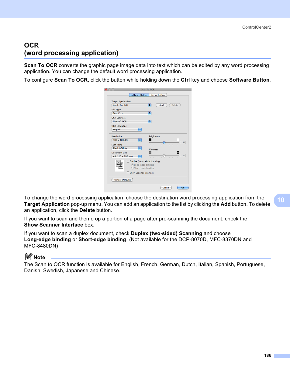 Ocr (word processing application), Word processing application), 10 ocr (word processing application) | Brother MFC 8480DN User Manual | Page 194 / 228