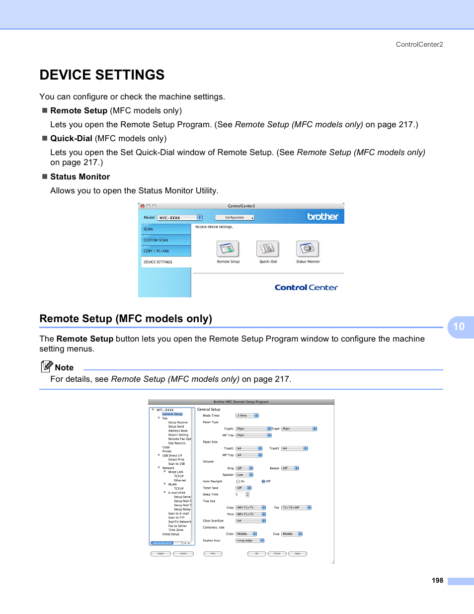 Device settings, Remote setup (mfc models only) | Brother MFC 8480DN User Manual | Page 206 / 228