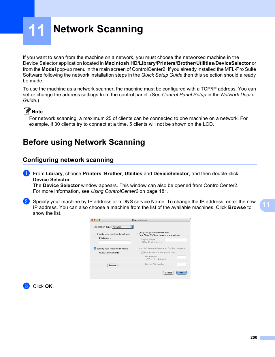 11 network scanning, Before using network scanning, Configuring network scanning | Network scanning | Brother MFC 8480DN User Manual | Page 208 / 228