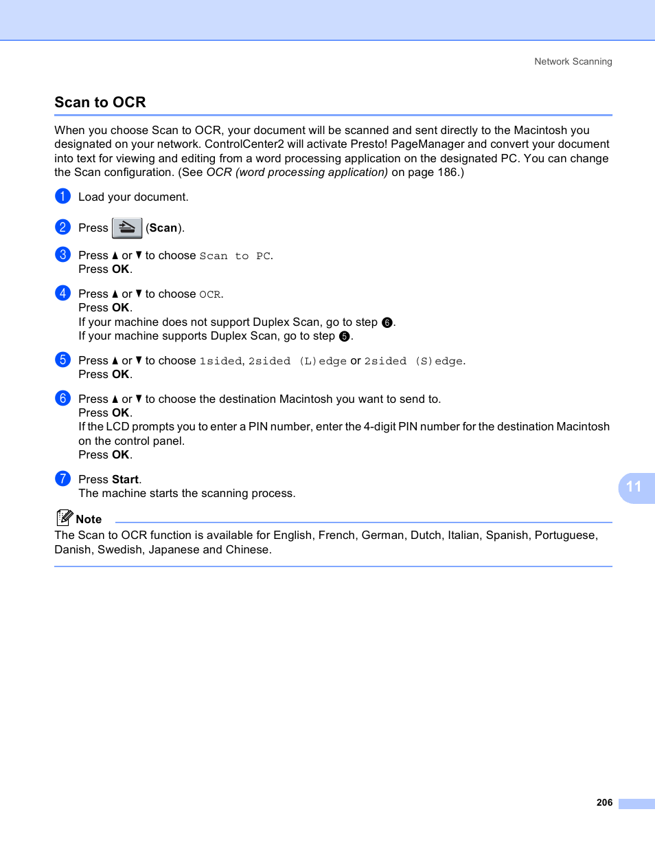 Scan to ocr, 11 scan to ocr | Brother MFC 8480DN User Manual | Page 214 / 228