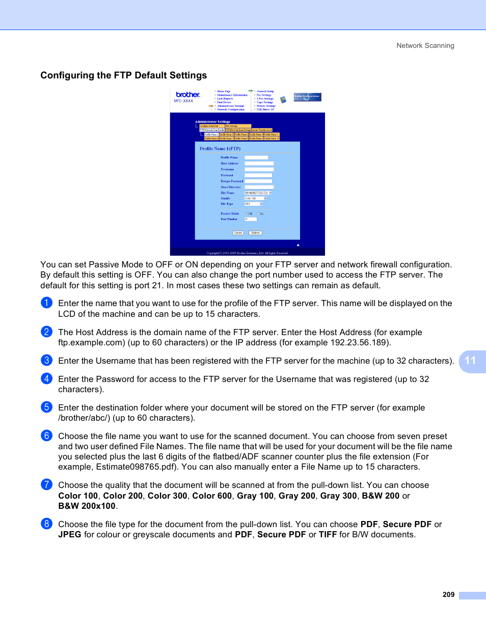 Configuring the ftp default settings | Brother MFC 8480DN User Manual | Page 217 / 228