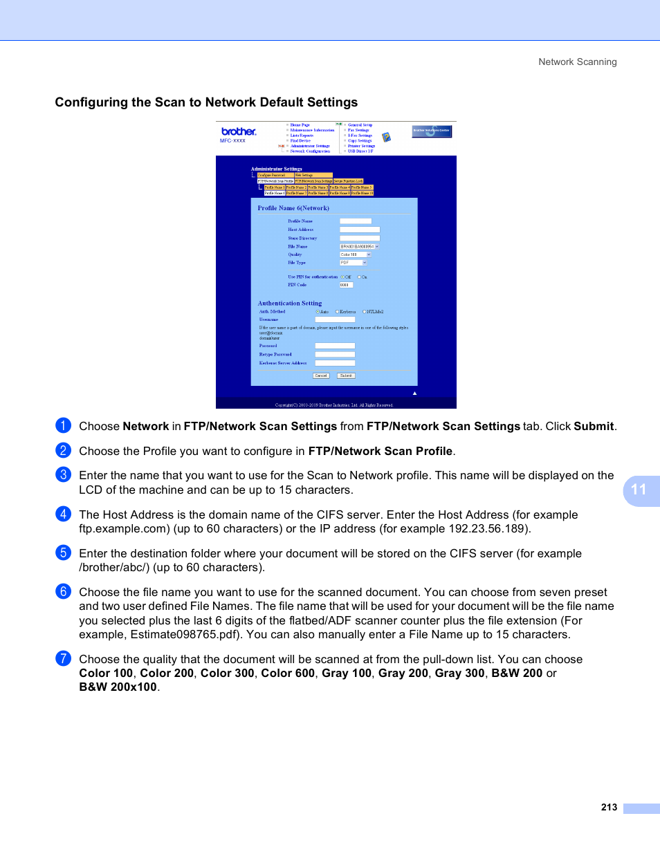 Configuring the scan to network default settings | Brother MFC 8480DN User Manual | Page 221 / 228