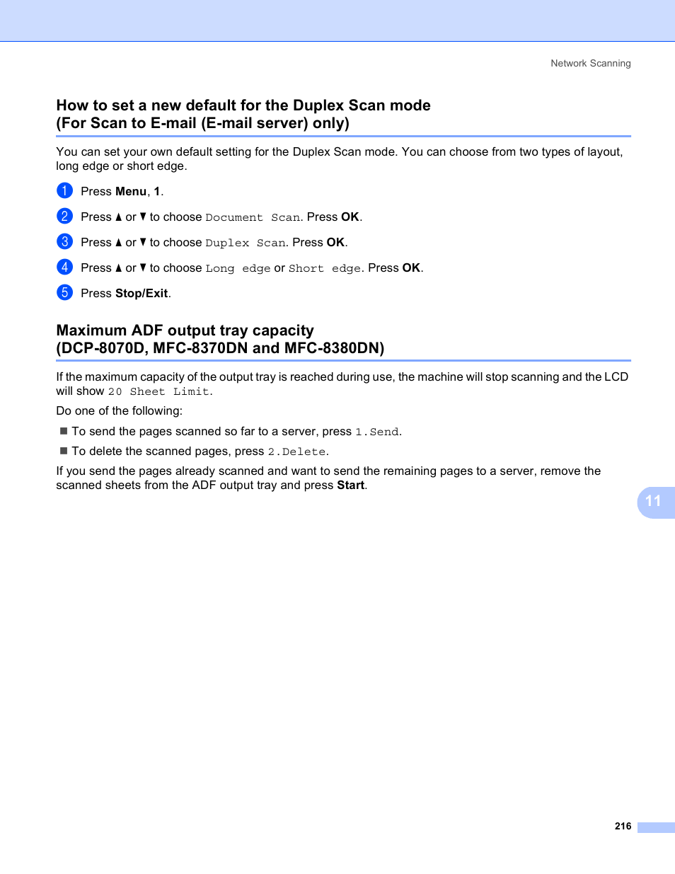 How to set a new default for the duplex scan mode, For scan to e-mail (e-mail server) only) | Brother MFC 8480DN User Manual | Page 224 / 228