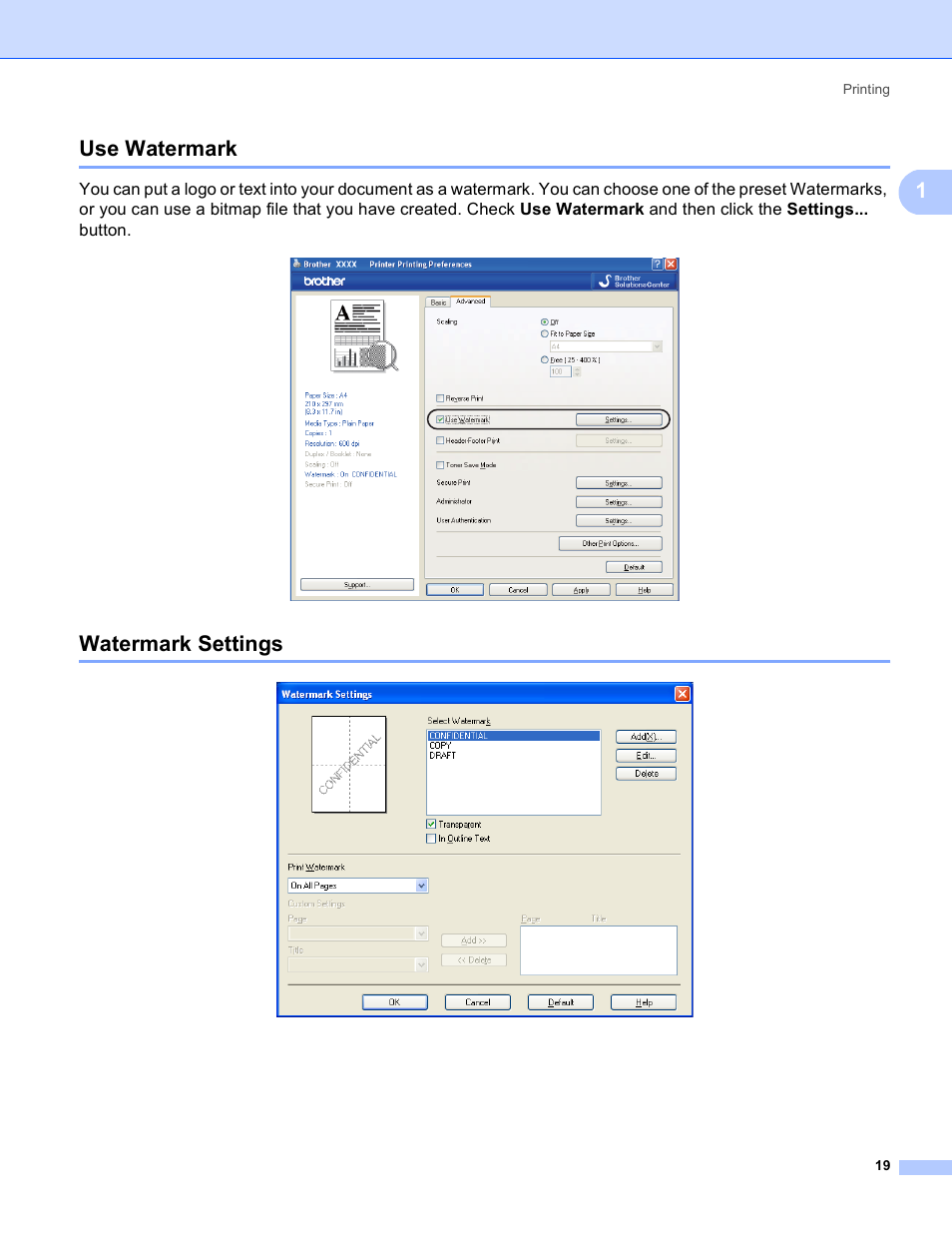 Use watermark, Watermark settings, Use watermark watermark settings | 1use watermark | Brother MFC 8480DN User Manual | Page 27 / 228