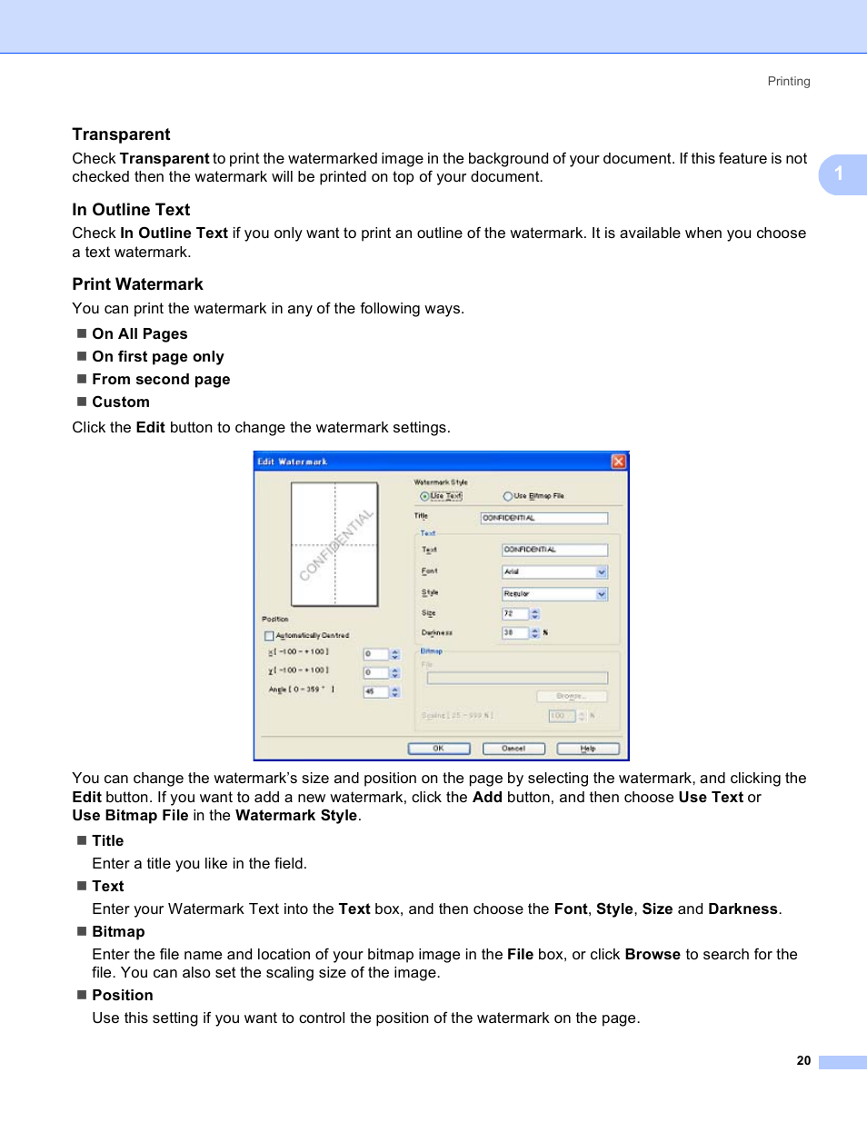 Transparent, In outline text, Print watermark | Brother MFC 8480DN User Manual | Page 28 / 228