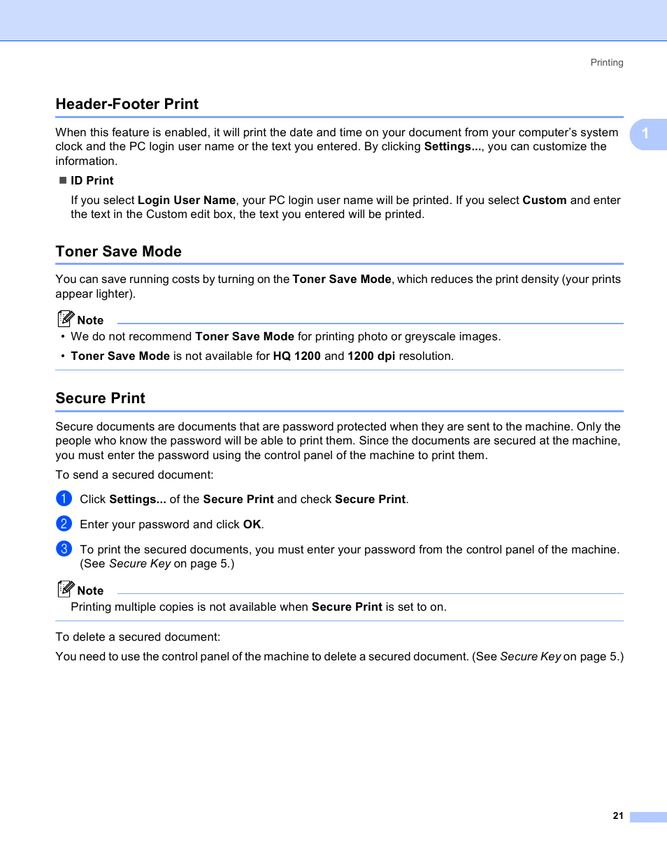 Header-footer print, Toner save mode, Secure print | Header-footer print toner save mode secure print, 1header-footer print | Brother MFC 8480DN User Manual | Page 29 / 228