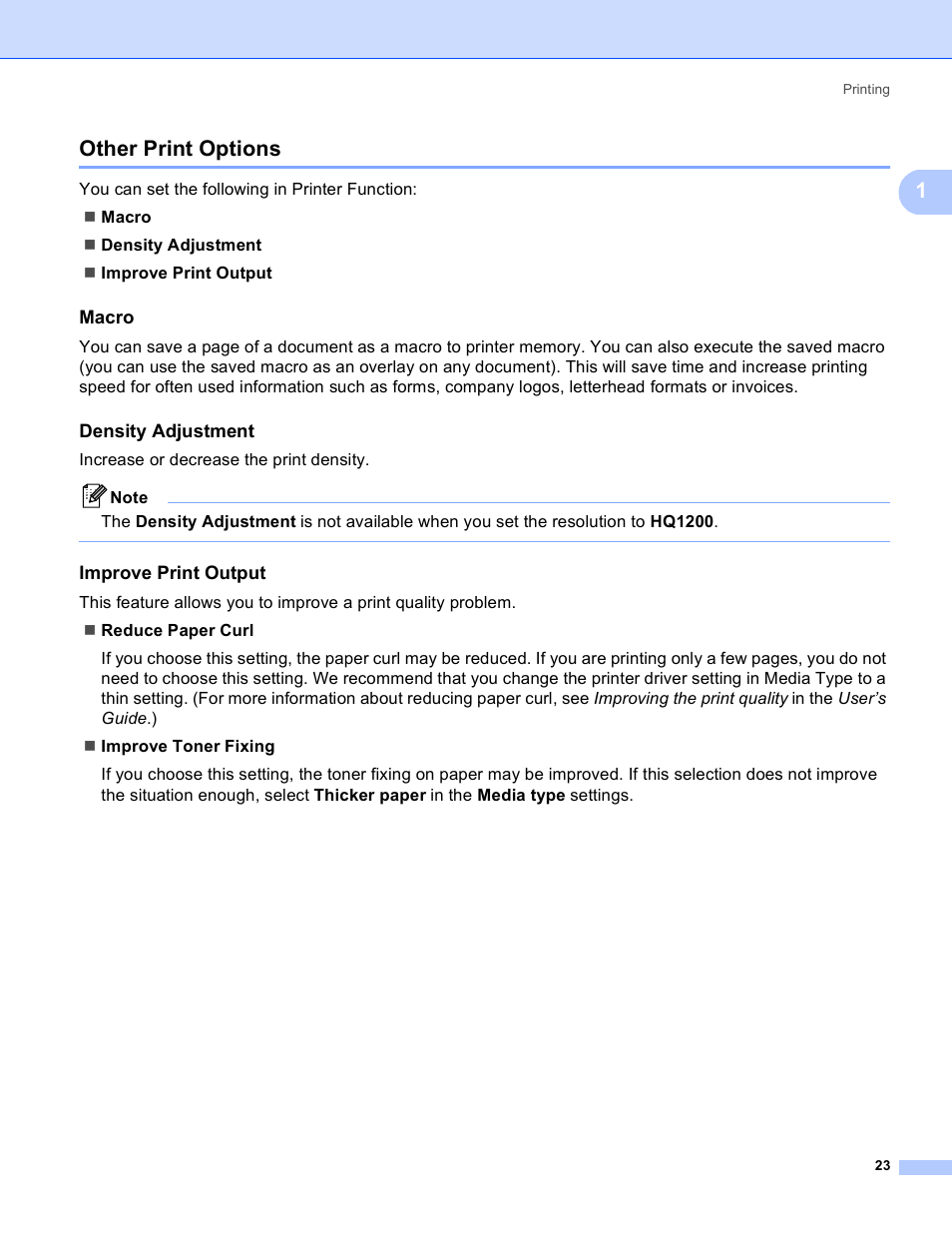 Other print options, Macro, Density adjustment | Improve print output, 1other print options | Brother MFC 8480DN User Manual | Page 31 / 228