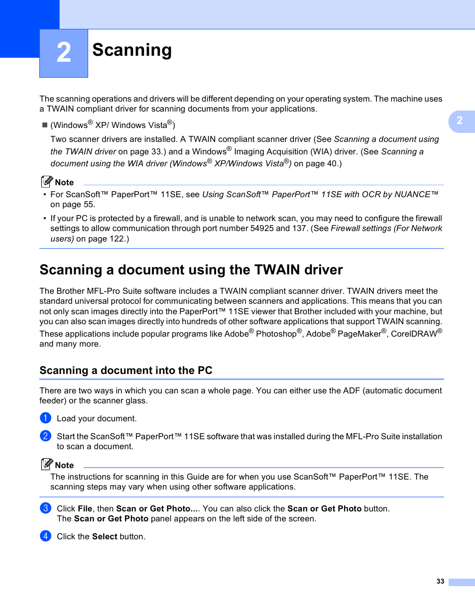 2 scanning, Scanning a document using the twain driver, Scanning a document into the pc | Scanning | Brother MFC 8480DN User Manual | Page 41 / 228