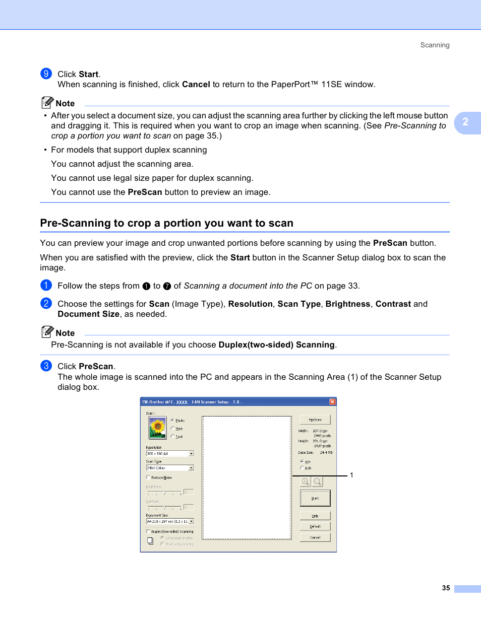 Pre-scanning to crop a portion you want to scan | Brother MFC 8480DN User Manual | Page 43 / 228