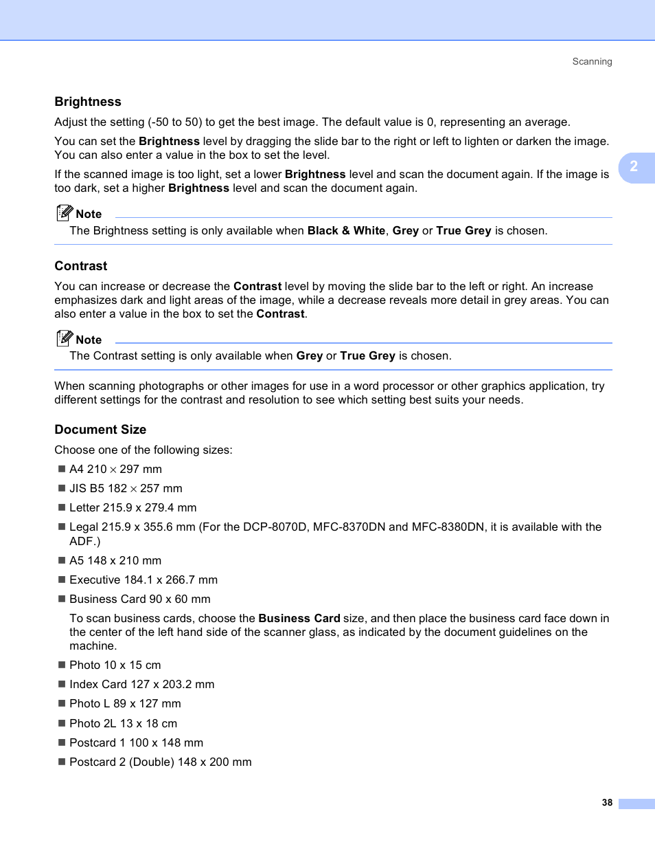 Brightness, Contrast, Document size | Brother MFC 8480DN User Manual | Page 46 / 228