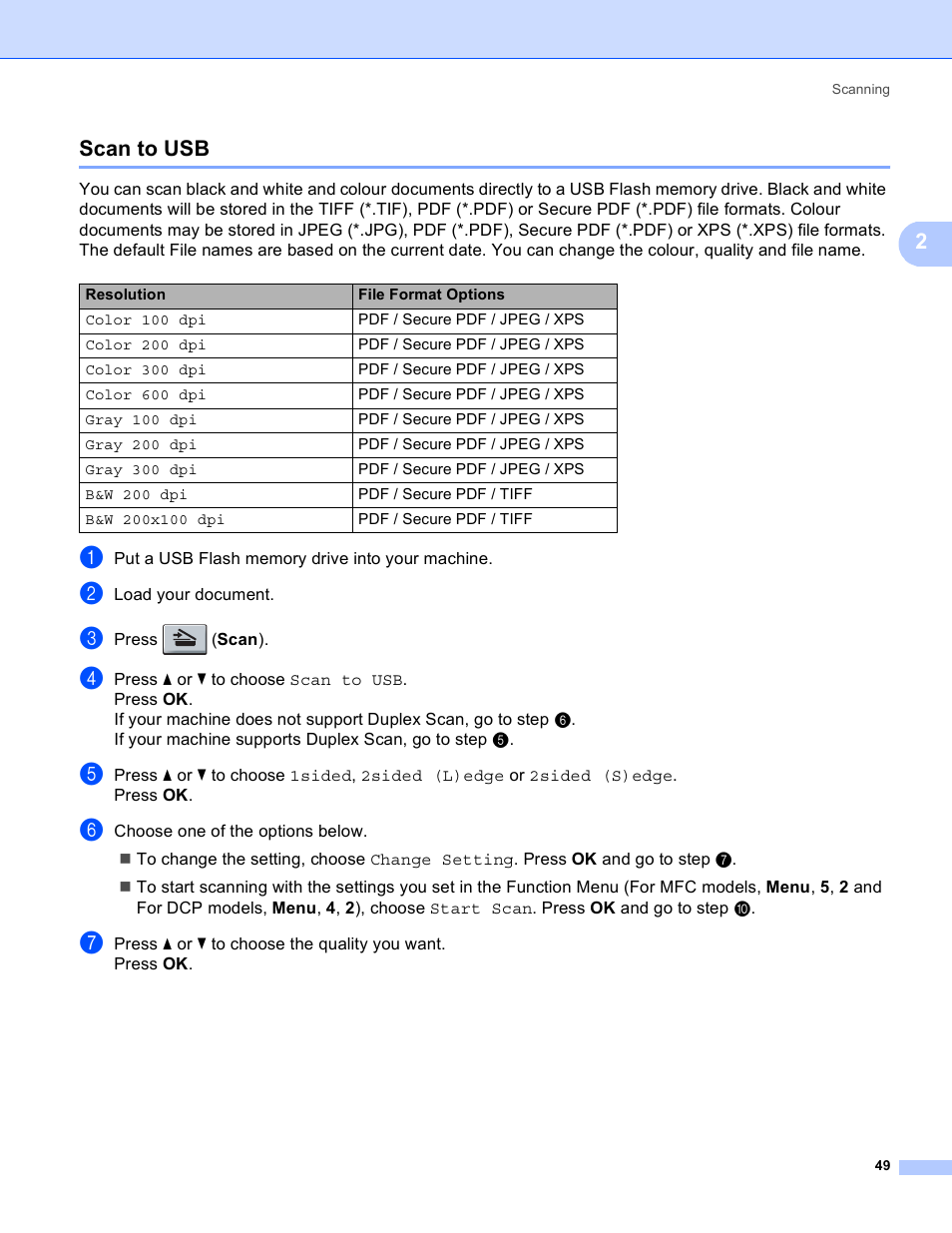 Scan to usb, 2scan to usb | Brother MFC 8480DN User Manual | Page 57 / 228