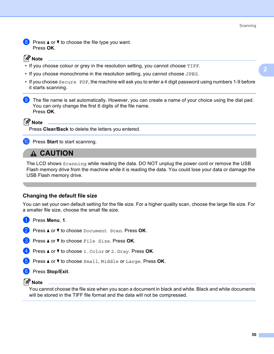 Changing the default file size, Caution | Brother MFC 8480DN User Manual | Page 58 / 228