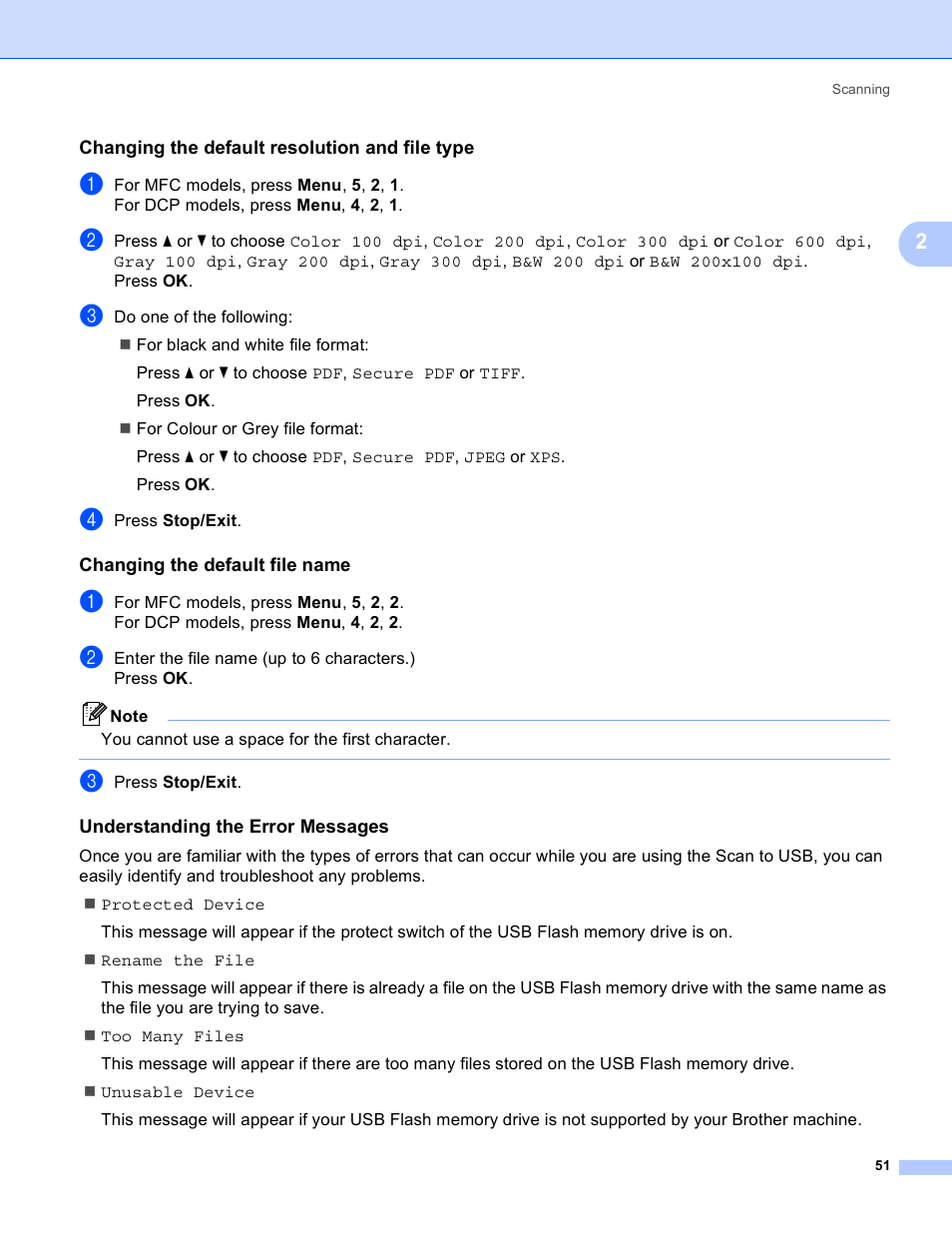 Changing the default resolution and file type, Changing the default file name, Understanding the error messages | Brother MFC 8480DN User Manual | Page 59 / 228