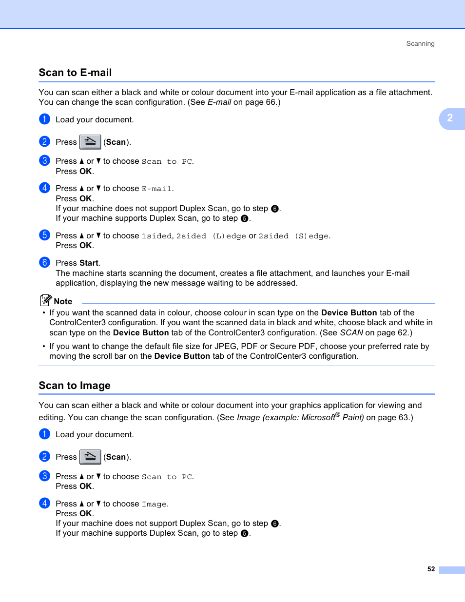 Scan to e-mail, Scan to image, Scan to e-mail scan to image | 2scan to e-mail | Brother MFC 8480DN User Manual | Page 60 / 228