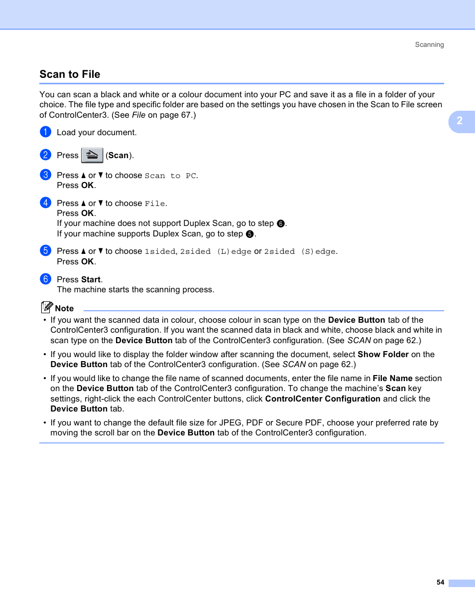 Scan to file, 2scan to file | Brother MFC 8480DN User Manual | Page 62 / 228