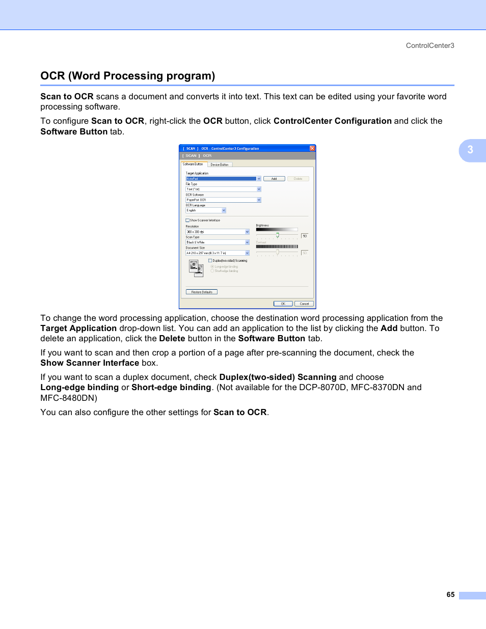 Ocr (word processing program), 3ocr (word processing program) | Brother MFC 8480DN User Manual | Page 73 / 228