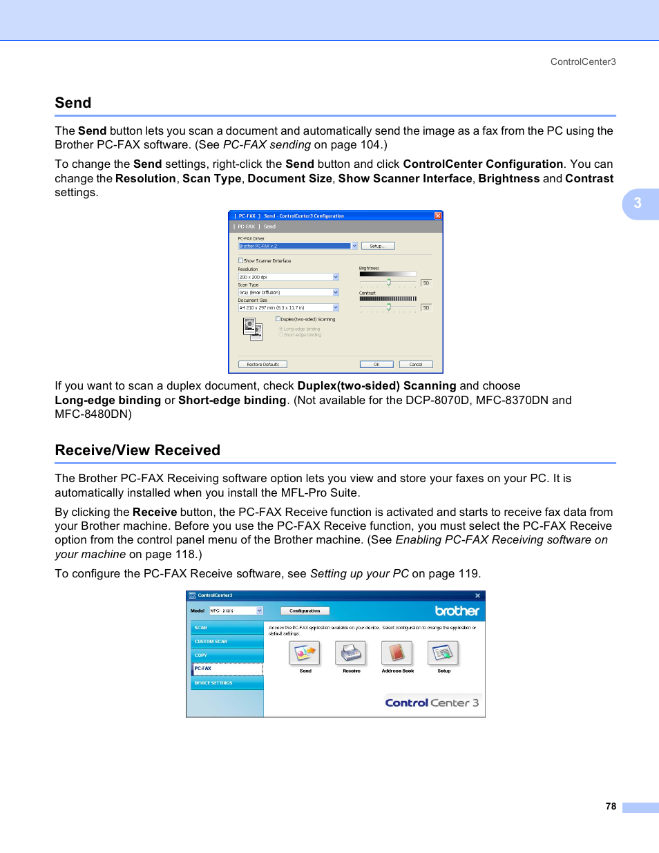 Send, Receive/view received, Send receive/view received | 3send | Brother MFC 8480DN User Manual | Page 86 / 228