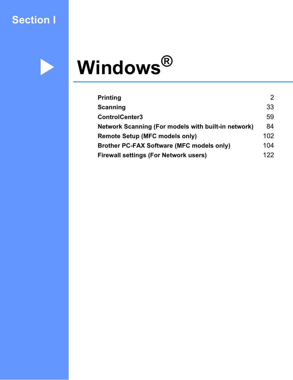 Section i: windows, Section i windows, Windows | Brother MFC 8480DN User Manual | Page 9 / 228