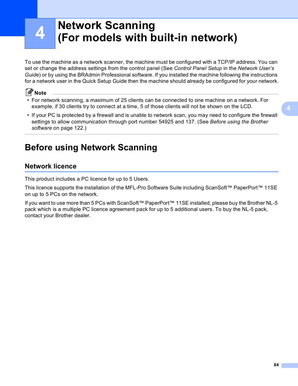 Before using network scanning, Network licence, Network scanning (for models with built-in | Brother MFC 8480DN User Manual | Page 92 / 228