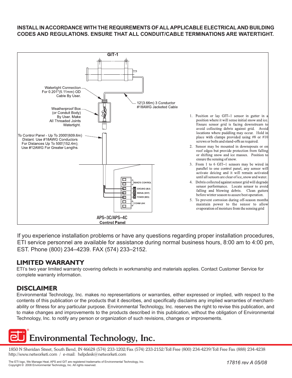 Environmental technology, inc, Disclaimer, Limited warranty | WarmlyYours Gutter Ice Sensor User Manual | Page 2 / 2