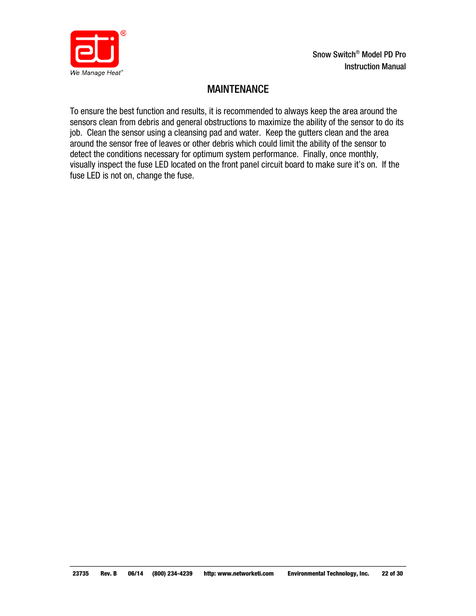 Maintenance | WarmlyYours PD Pro Snow Switch User Manual | Page 22 / 30