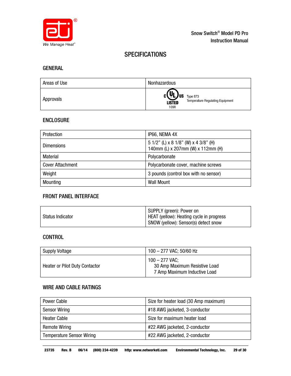Specifications | WarmlyYours PD Pro Snow Switch User Manual | Page 29 / 30