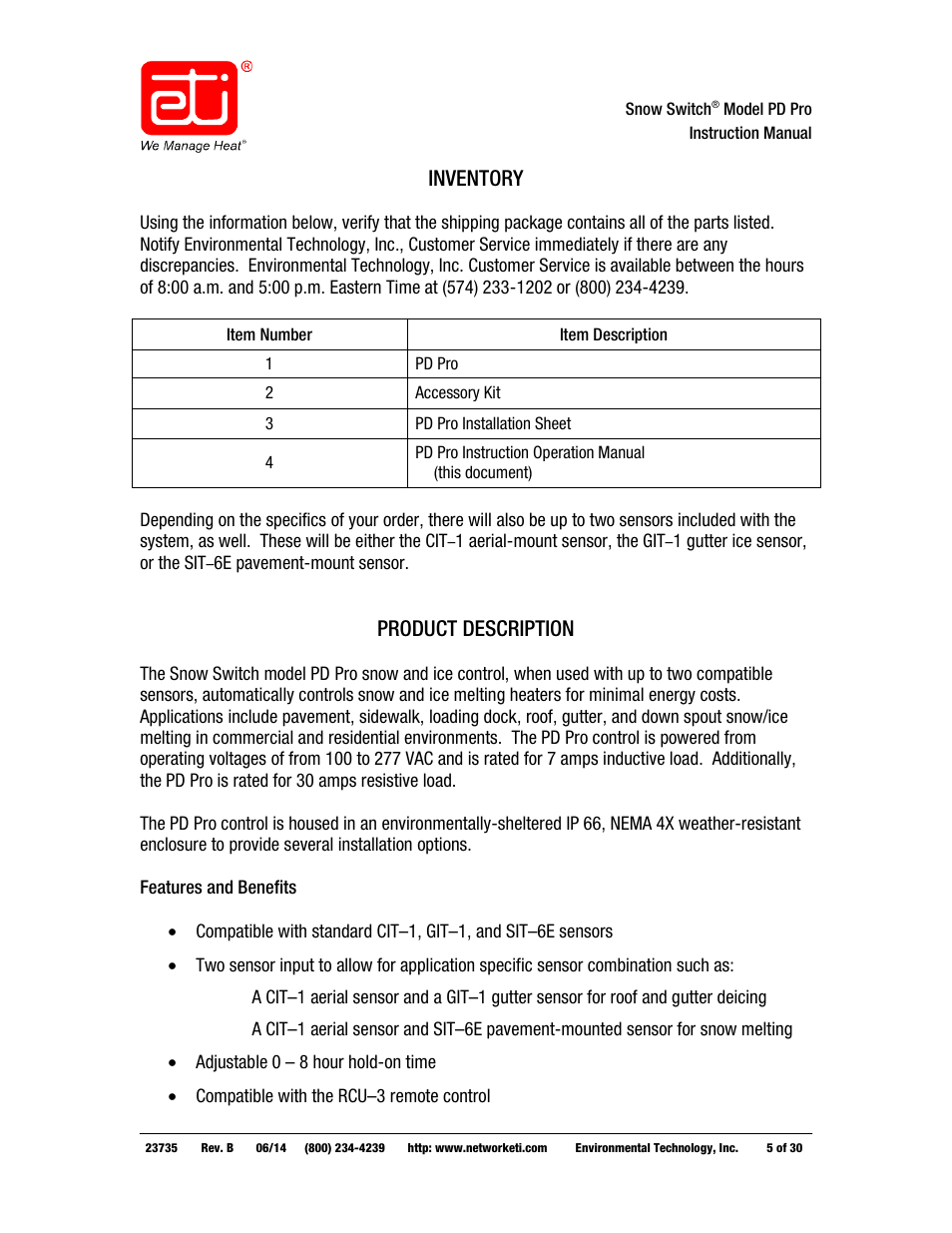 Inventory, Product description | WarmlyYours PD Pro Snow Switch User Manual | Page 5 / 30