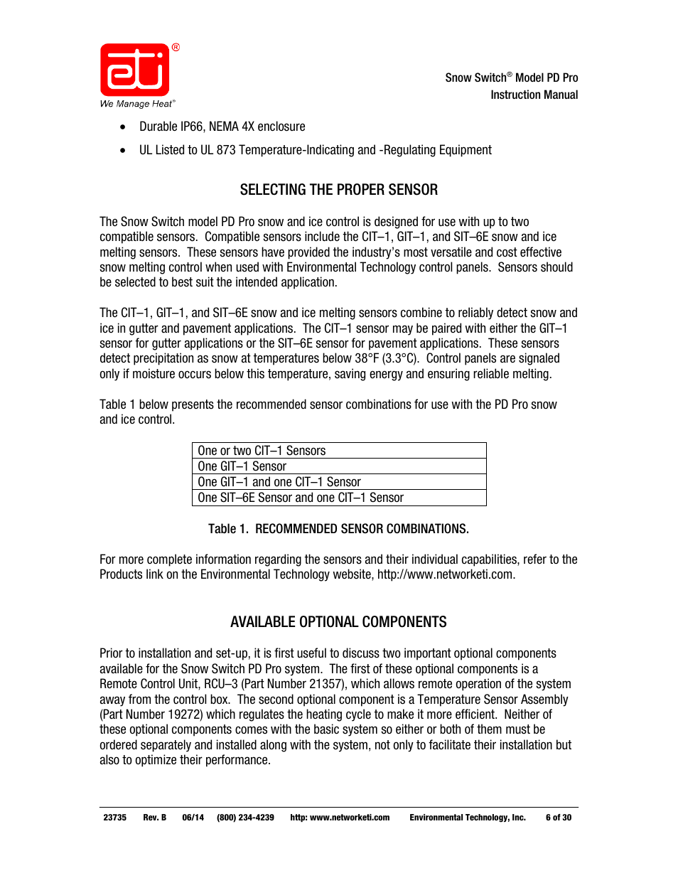 Selecting the proper sensor, Available optional components | WarmlyYours PD Pro Snow Switch User Manual | Page 6 / 30