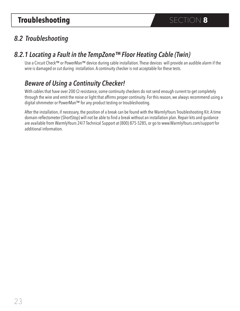 Troubleshooting, Beware of using a continuity checker | WarmlyYours TempZone Floor Heating Cable (Twin) User Manual | Page 26 / 32