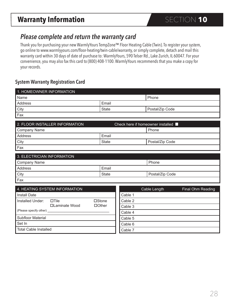 Warranty information, Please complete and return the warranty card, System warranty registration card | WarmlyYours TempZone Floor Heating Cable (Twin) User Manual | Page 31 / 32