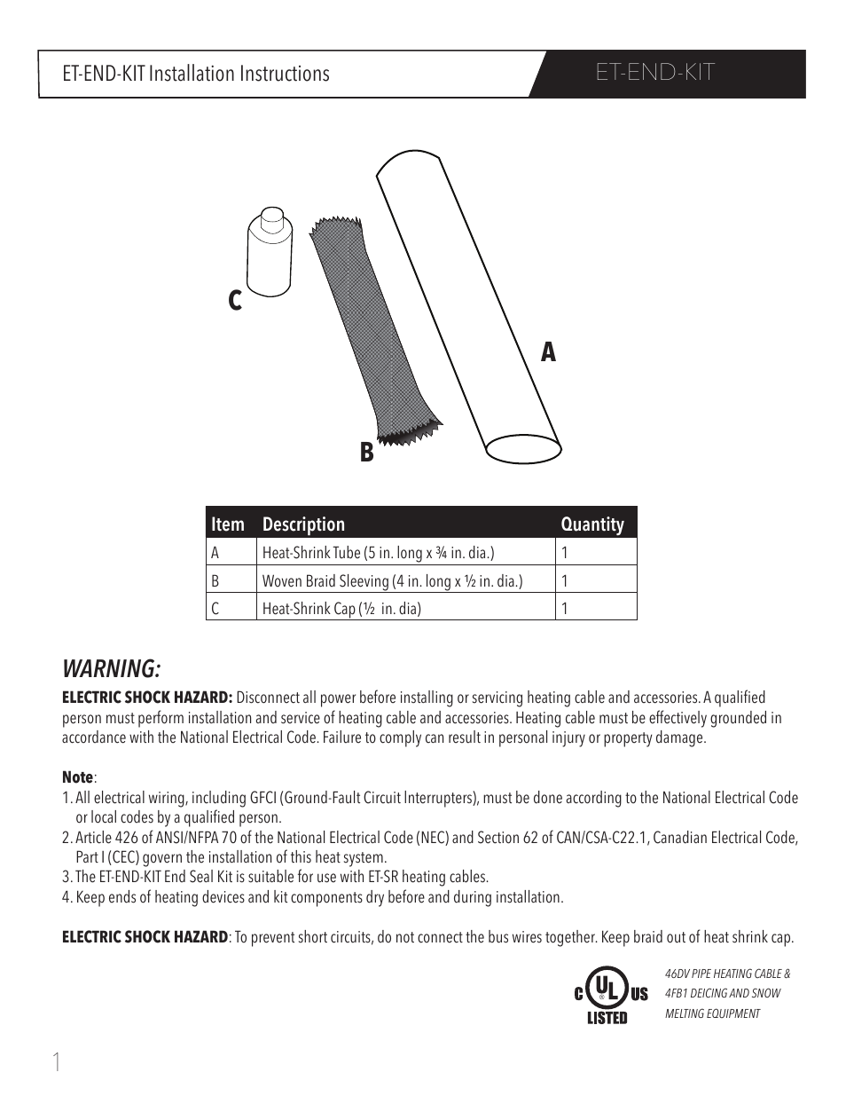 Ab c, Warning, Et-end-kit | Et-end-kit installation instructions | WarmlyYours JSR12 ET-End-Kit End Seal Ki User Manual | Page 2 / 3