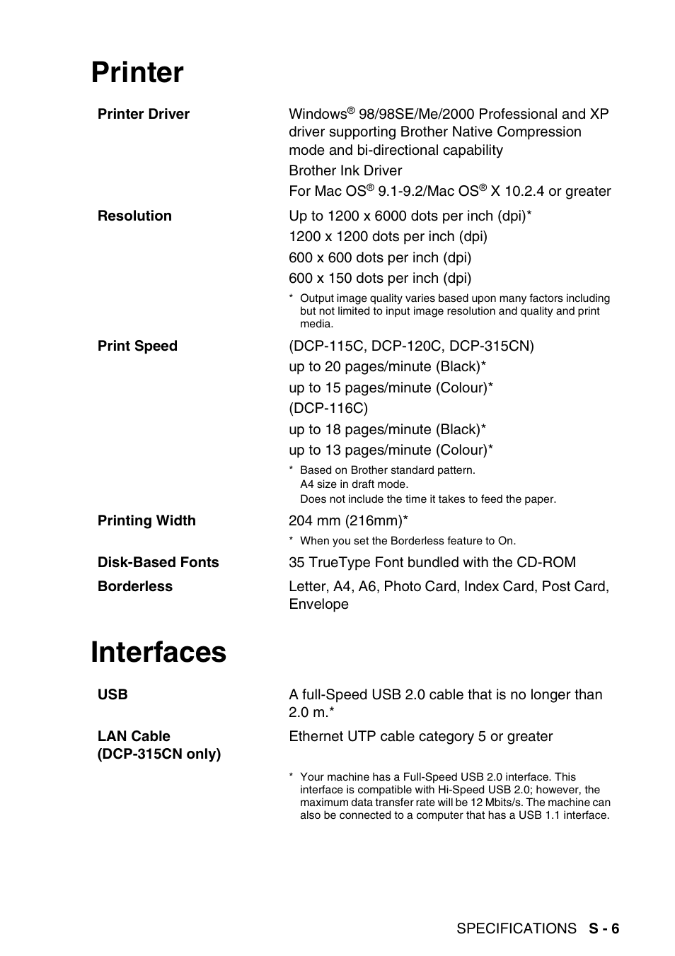 Printer, Interfaces, Printer interfaces | Brother DCP-116C User Manual | Page 103 / 110