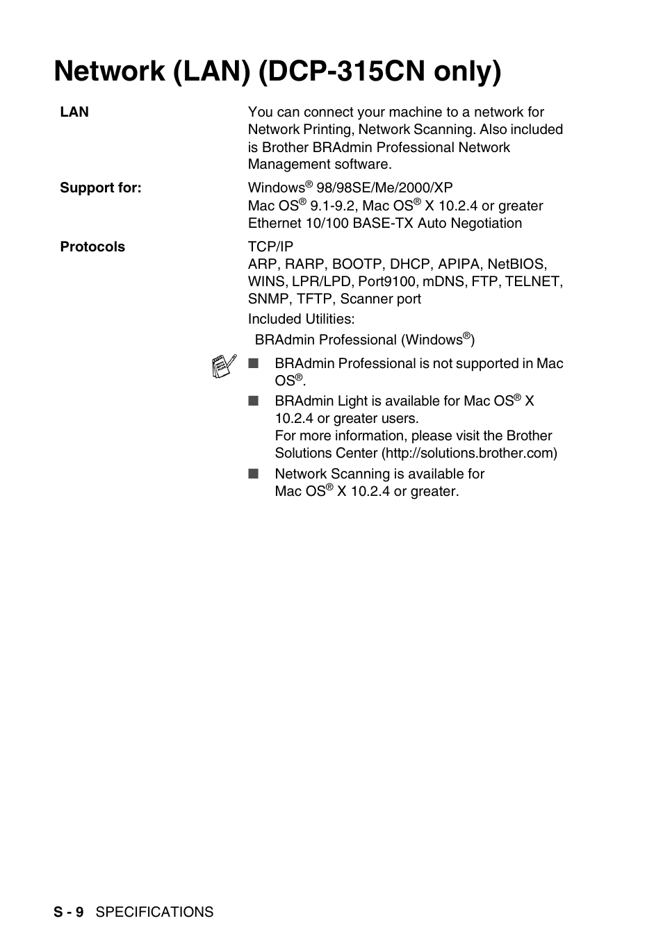 Network (lan) (dcp-315cn only) | Brother DCP-116C User Manual | Page 106 / 110